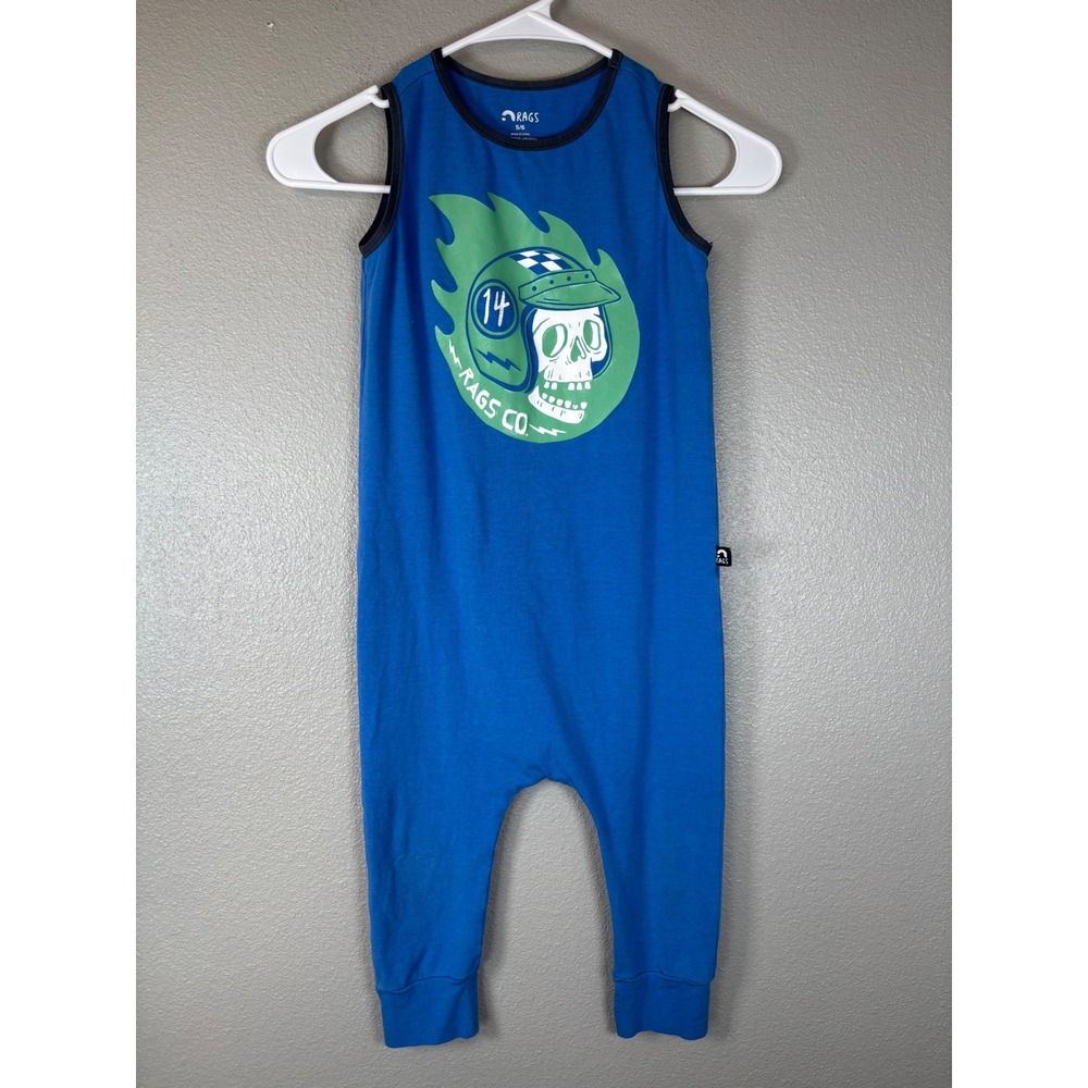 Rags To Raches Co Boys Kids Blue Skull Helmet Graphic Sleeveless Romper Size 5/6